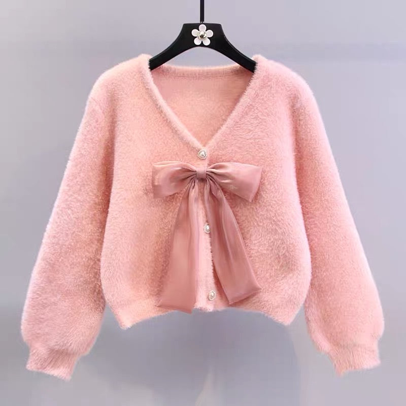 Bow tie design mink velvet sweater jacket for women autumn and winter 2023 loose short style age-reducing knitted cardigan