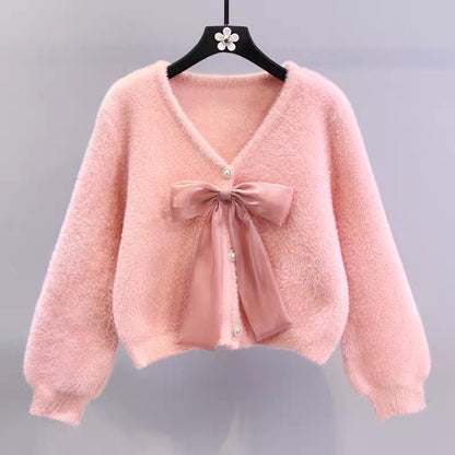 Bow tie design mink velvet sweater jacket for women autumn and winter 2023 loose short style age-reducing knitted cardigan