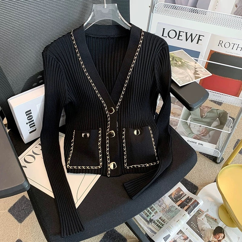 Early autumn new temperament small fragrance style sweater top V-neck metal chain slim slim long-sleeved cardigan jacket trendy