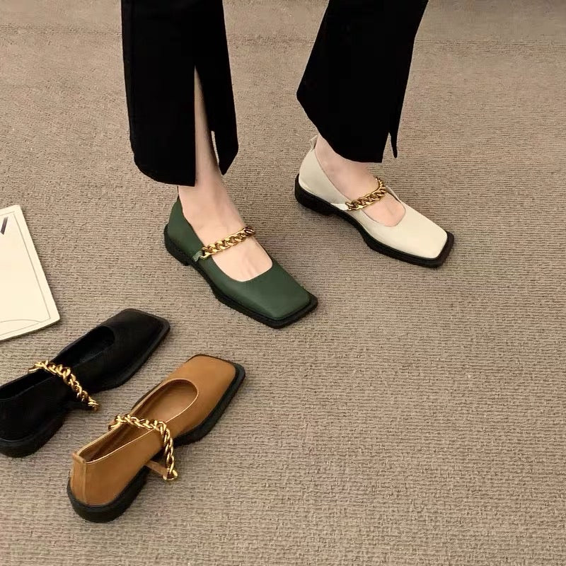 French-style flat-soled niche single shoes women's shoes 2023 autumn new green square toe scoop shoes small leather shoes