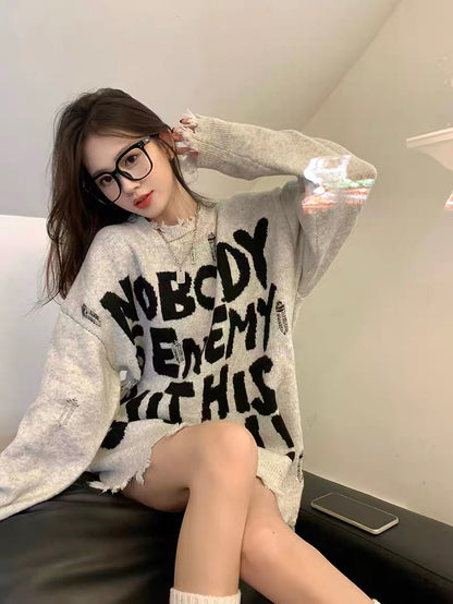 American retro frayed raw edge knitted sweater for women autumn and winter 2023 new letter printed loose mid-length top A2236