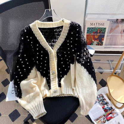 French lazy style high-end super nice sweater jacket for women in early spring diamond-encrusted atmosphere sweater cardigan