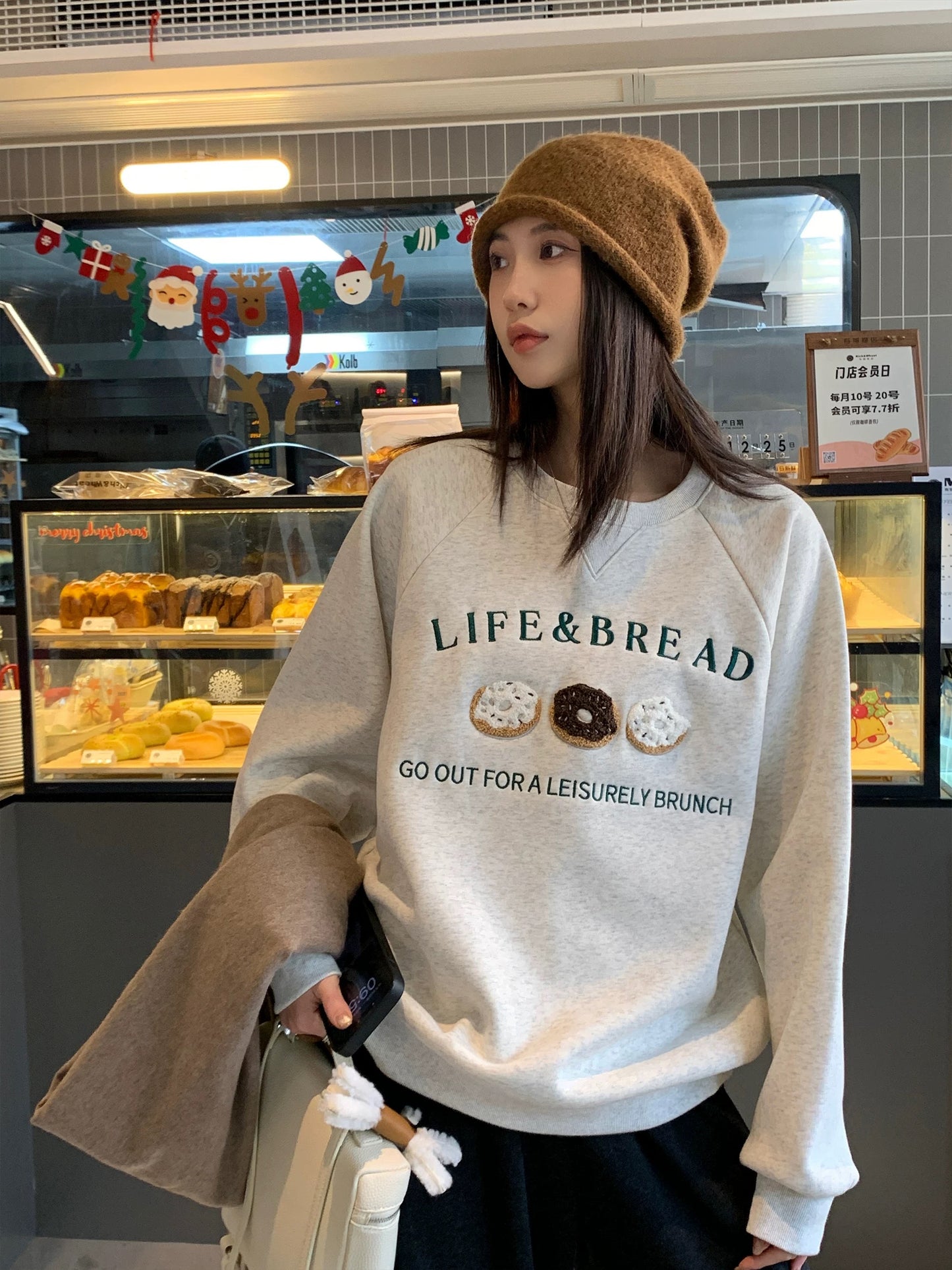 Ayi Sea Salt Donut Round Neck Sweatshirt Women's Spring and Autumn New Loose American Contrast Color Oversize Top