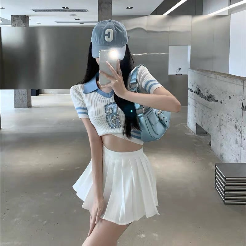 Summer thin ice silk sweet and spicy short T-shirt women's chic hit color hot diamond short-sleeved top sweater suit skirt