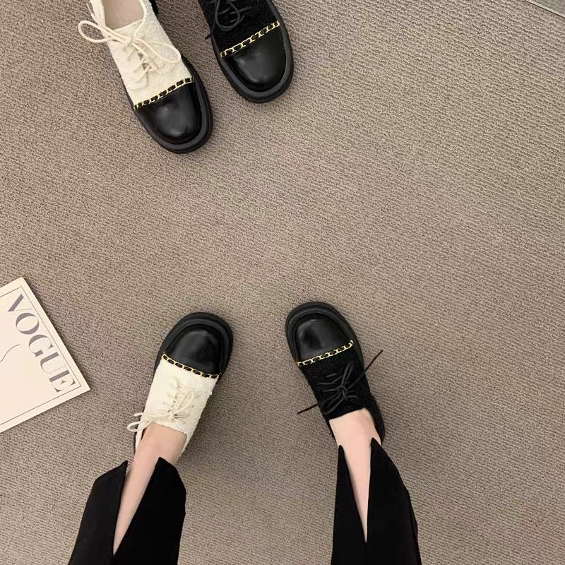 French-style small fragrant style loafers thick-soled thick-heeled lace-up small leather shoes 2022 autumn and winter new women's shoes British single shoes