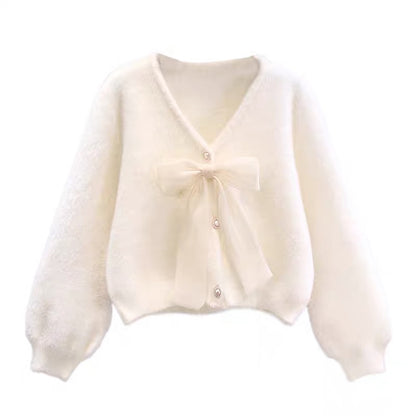 Bow tie design mink velvet sweater jacket for women autumn and winter 2023 loose short style age-reducing knitted cardigan