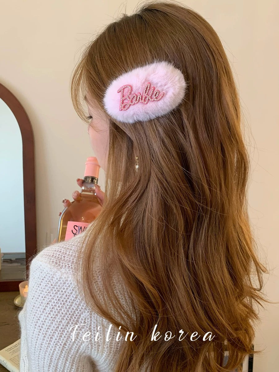 Furry Hair Clip Barbie Pink Hairdress Exquisite Side Clip Forehead Bangs Side Plush Hair Clip 2023 New Internet Celebrity Women