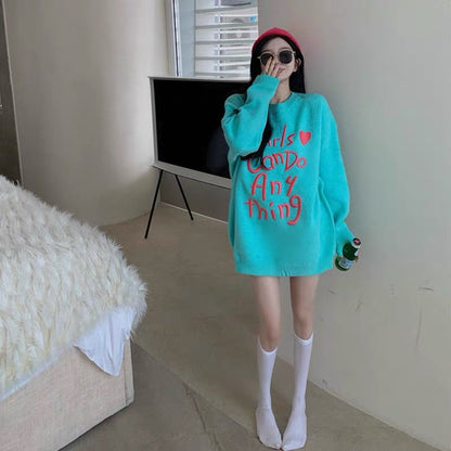 Lazy style large size sweater for women 2023 autumn and winter contrasting letter embroidery loose Korean style mid-length casual sweater T3444