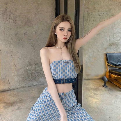 Wide-leg pants suit women's spring and autumn 2023 new autumn clothes small plaid casual trousers tube top fashion two-piece set