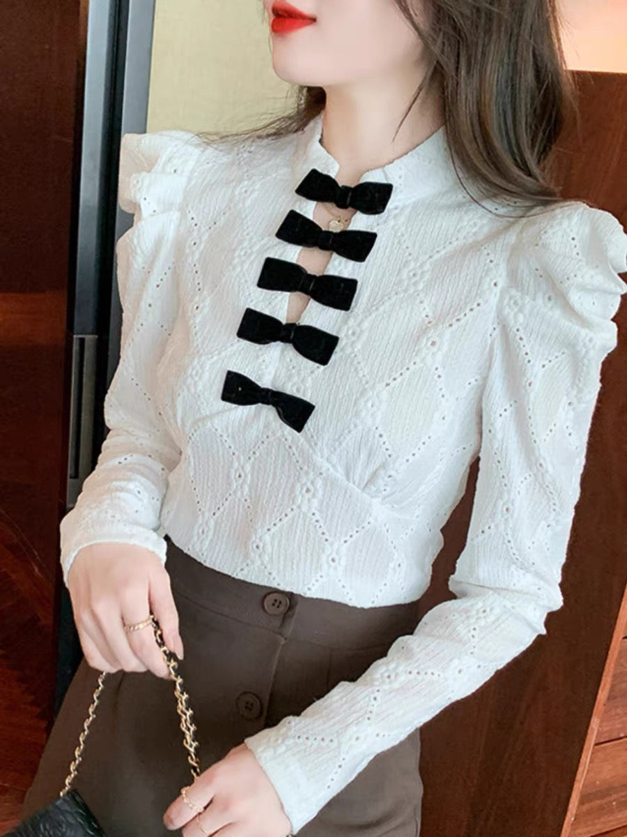 Palace style puff sleeve jacquard shirt for women autumn new slim