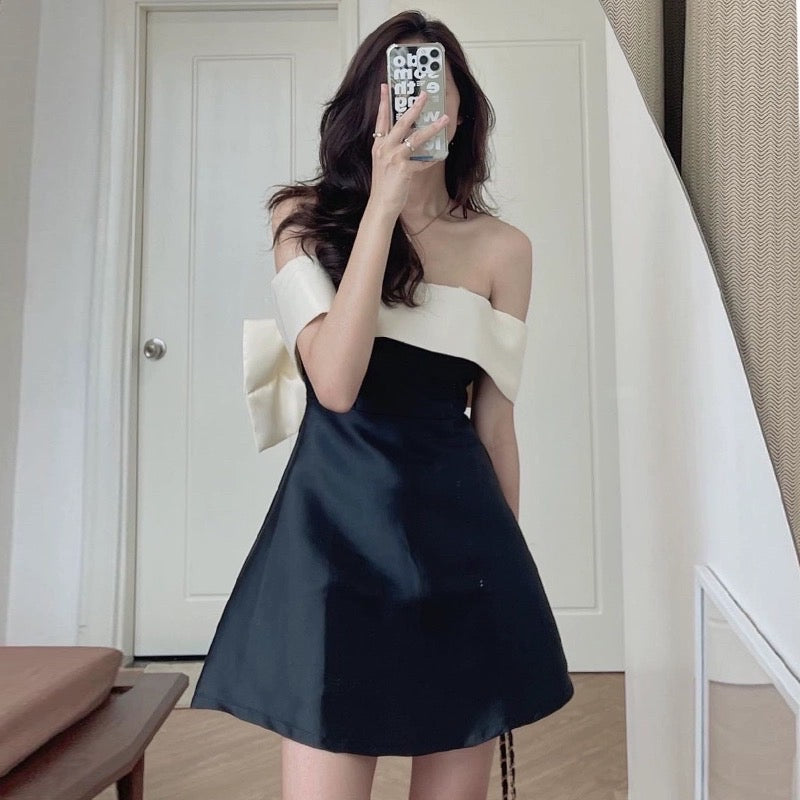 Korean chic summer French niche one-word collar strapless back tie bow waist short-sleeved dress female