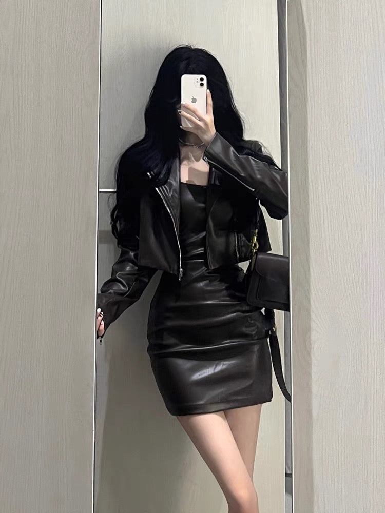 American retro short brown leather coat female spring and autumn high-quality sense jacket jacket small hot girl suit skirt