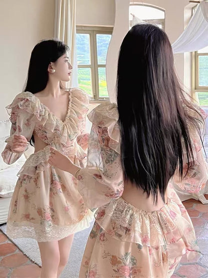 French niche tea break beautiful high-end sexy backless sweet and spicy Thai seaside holiday floral dress female spring and autumn