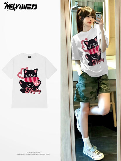 Nely American high street fashion brand cat print short-sleeved T-shirt for men and women retro loose trendy heavyweight T-shirt