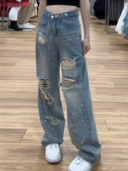 Blue high waist ripped straight jeans women's summer new large size pear-shaped body design diamond wide leg pants