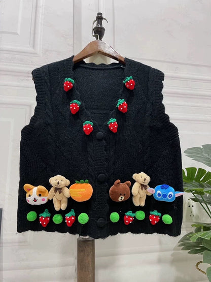 2022 Three-dimensional Handmade Strawberry Bear Cute Twist Braided Vest Top Autumn Vest Sweater Jacket Women's Clothing