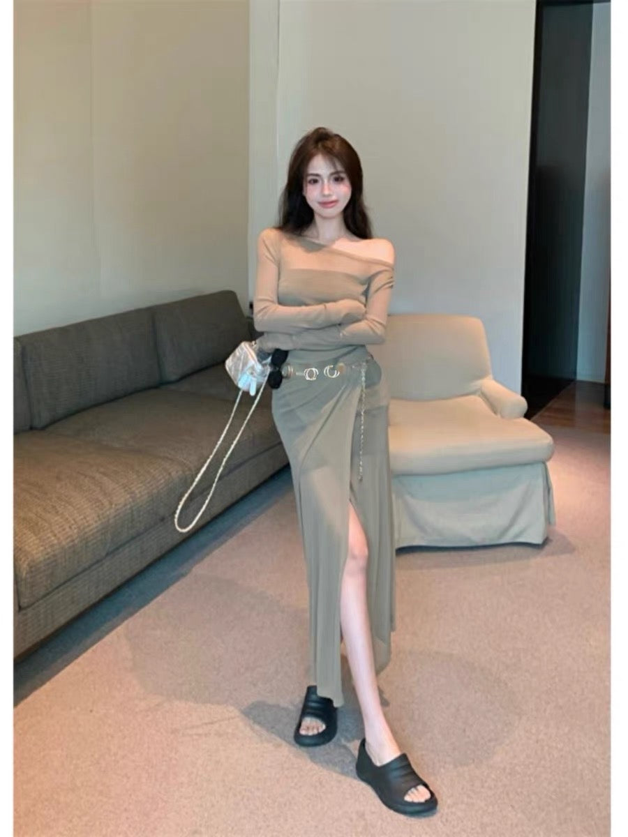 Korean version of pure desire sexy dress lazy wind mesh irregular thin slit black long skirt hot girl suit