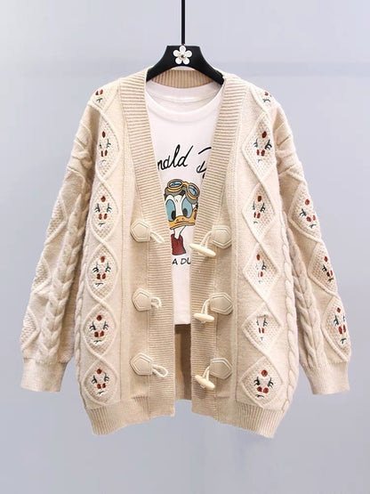 Retro Embroidered Horn Button Sweater Jacket Women Autumn and Winter 2023 New Loose Lazy Style Knitted Cardigan