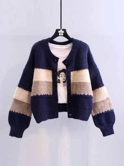 Retro Hong Kong style contrast color sweater jacket for women autumn and winter 2023 new Japanese style loose outer wear short knitted cardigan