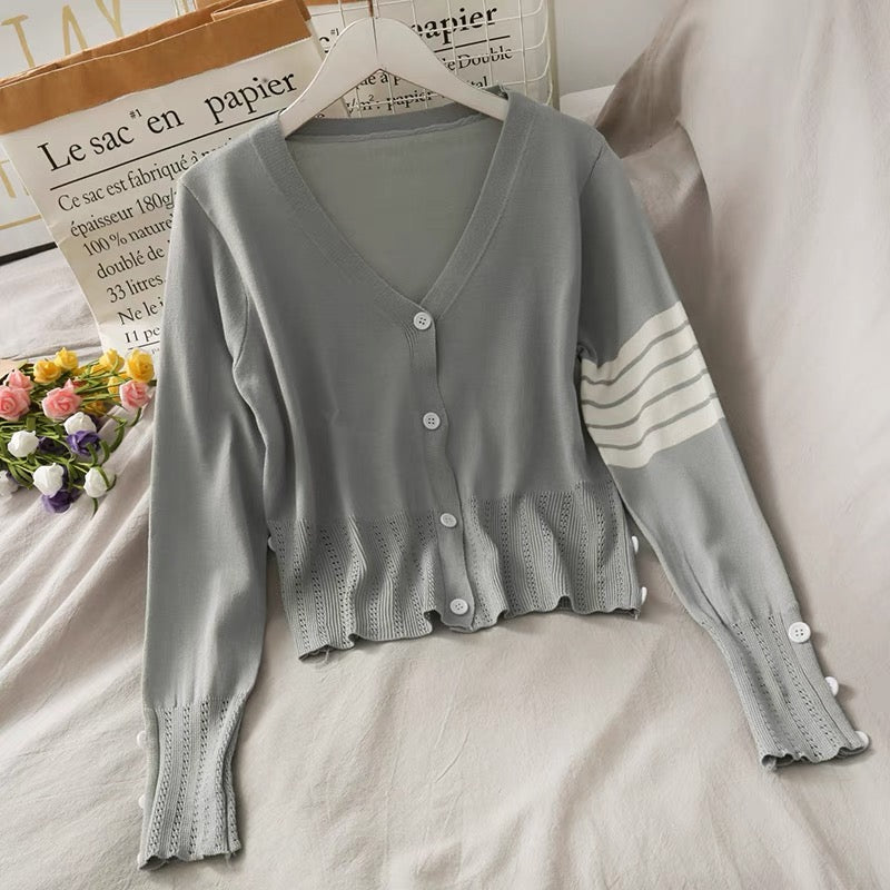 Korean style retro V-neck single-breasted long-sleeved sweater for women 2023 new slim fit, western style and versatile bottoming shirt