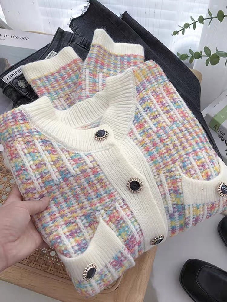 Fluffy 2023 new spring clothing small fragrance design niche colorful plaid knitted cardigan sweater women's tops (S149)