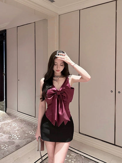 For Fay original high-quality purple satin bow vest sling temperament slim V-neck short top women