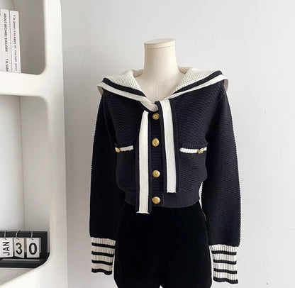 Duolaimei Naval Academy age-reducing college style navy collar tie contrasting soft waxy short knitted top