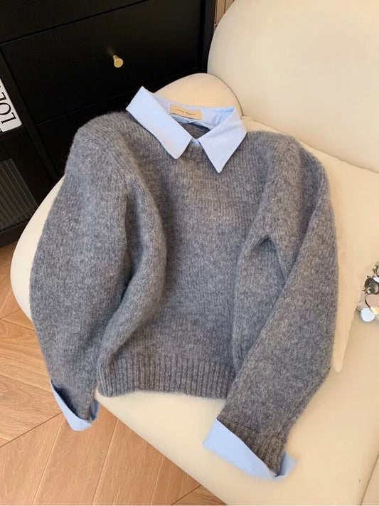 Fake two-piece shirt collar sweater for women autumn new style inner wear lazy style contrast color lapel gray knitted sweater top