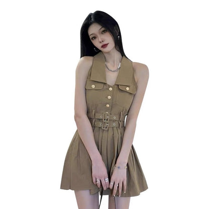 Khaki retro tooling waistline slim short denim pleated dress hot girl light mature new female summer