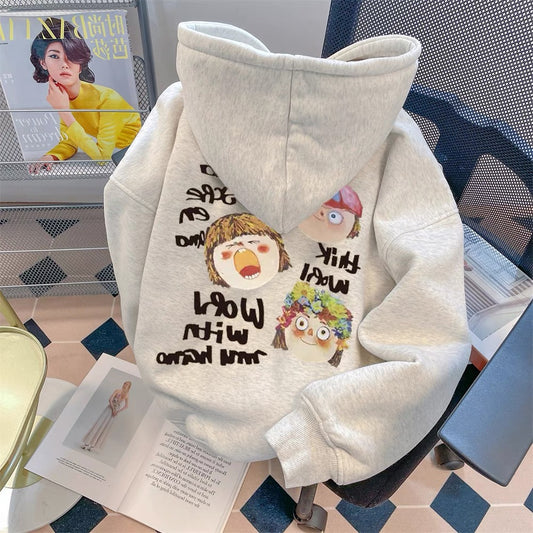 European goods lazy style unique cartoon hooded sweatshirt men and women autumn and winter age-reducing stylish small plus velvet top