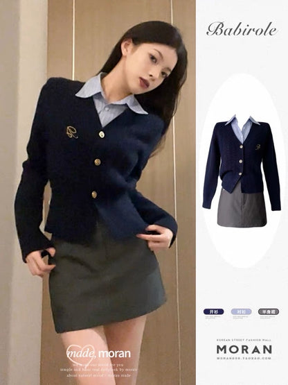 Korean women's high school uniform college style knitted cardigan sweater coat shirt skirt three-piece suit small children