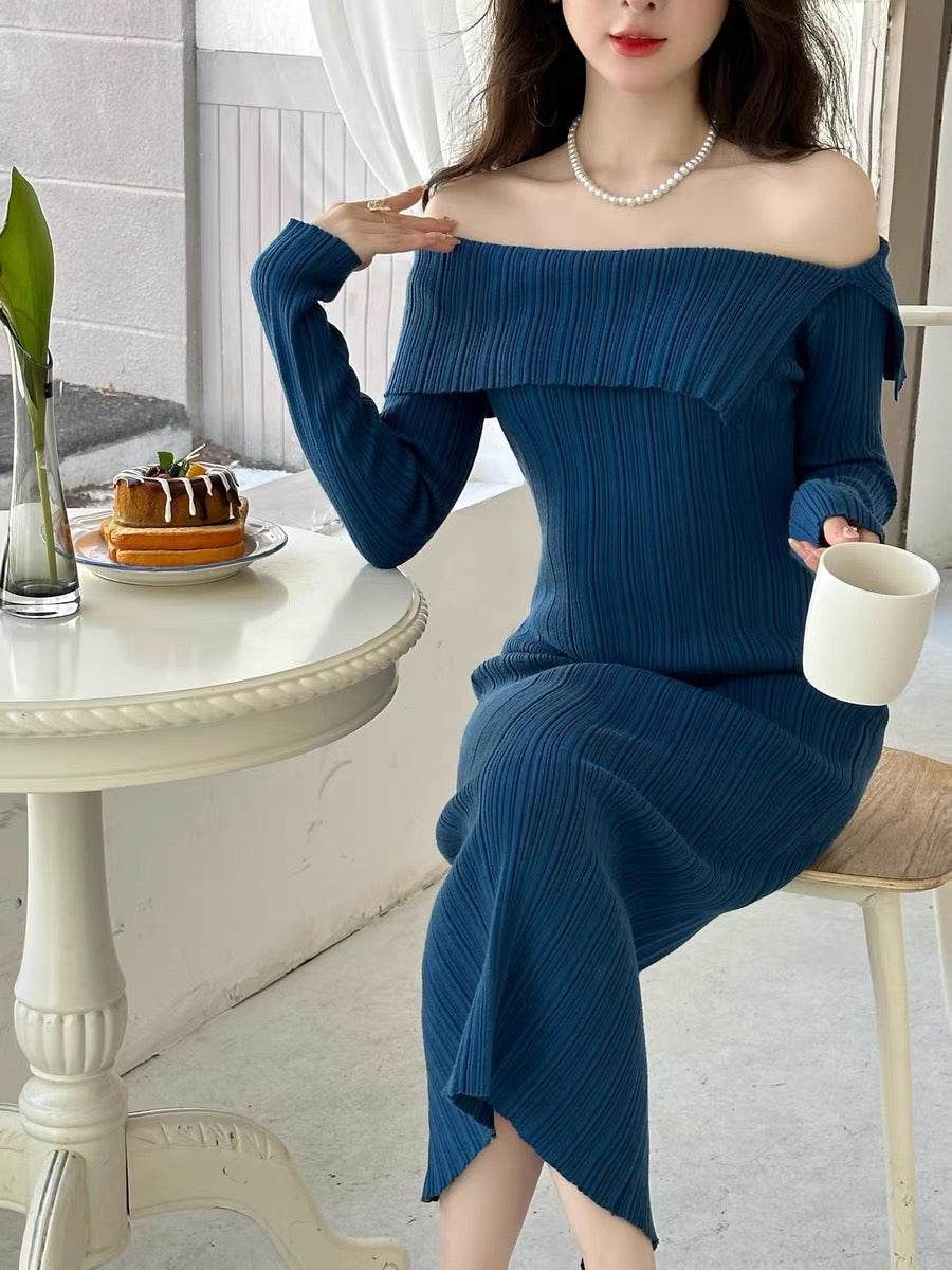 Blue one-line collar off-shoulder long-sleeved knitted dress for 