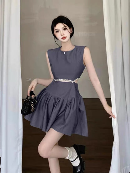 French Hepburn style high-end sexy waistless diamond inlaid slim waist sleeveless dress women's summer little black dress