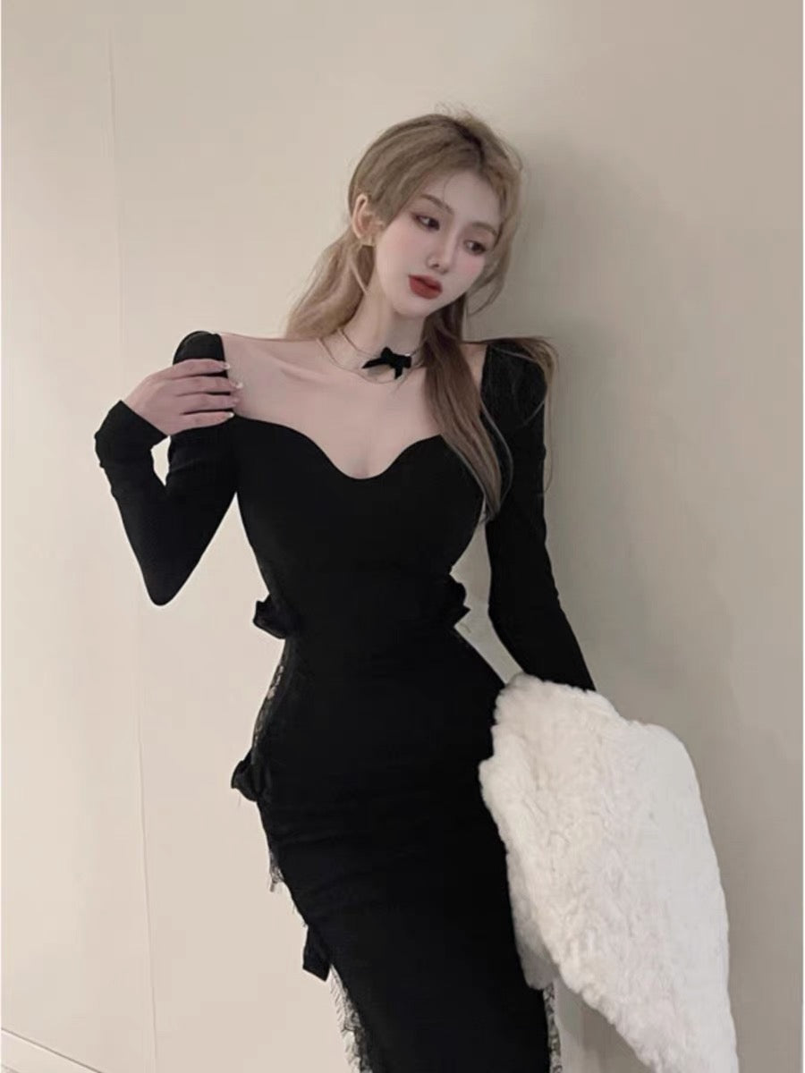 Pure lust sexy off-shoulder clavicle slim long-sleeved dress for women –  Lee Nhi Boutique