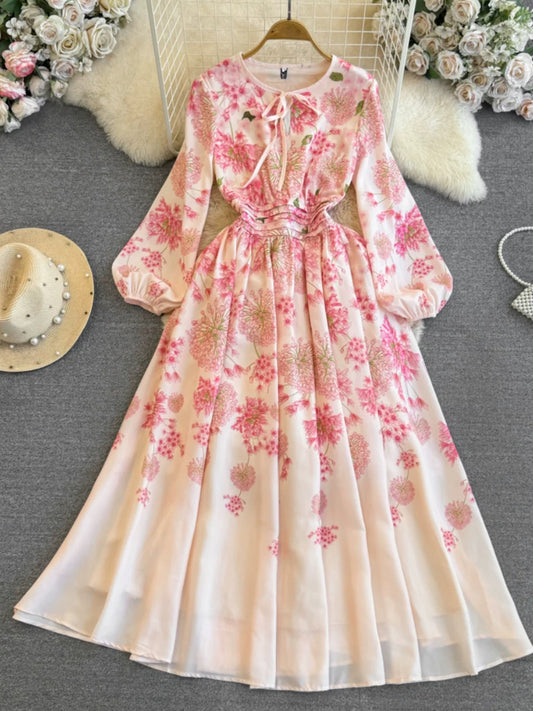 High-end, light and luxurious temperament, long sleeves, round neck, waist-slimming, A-line printed puffy dress, elegant dress long skirt