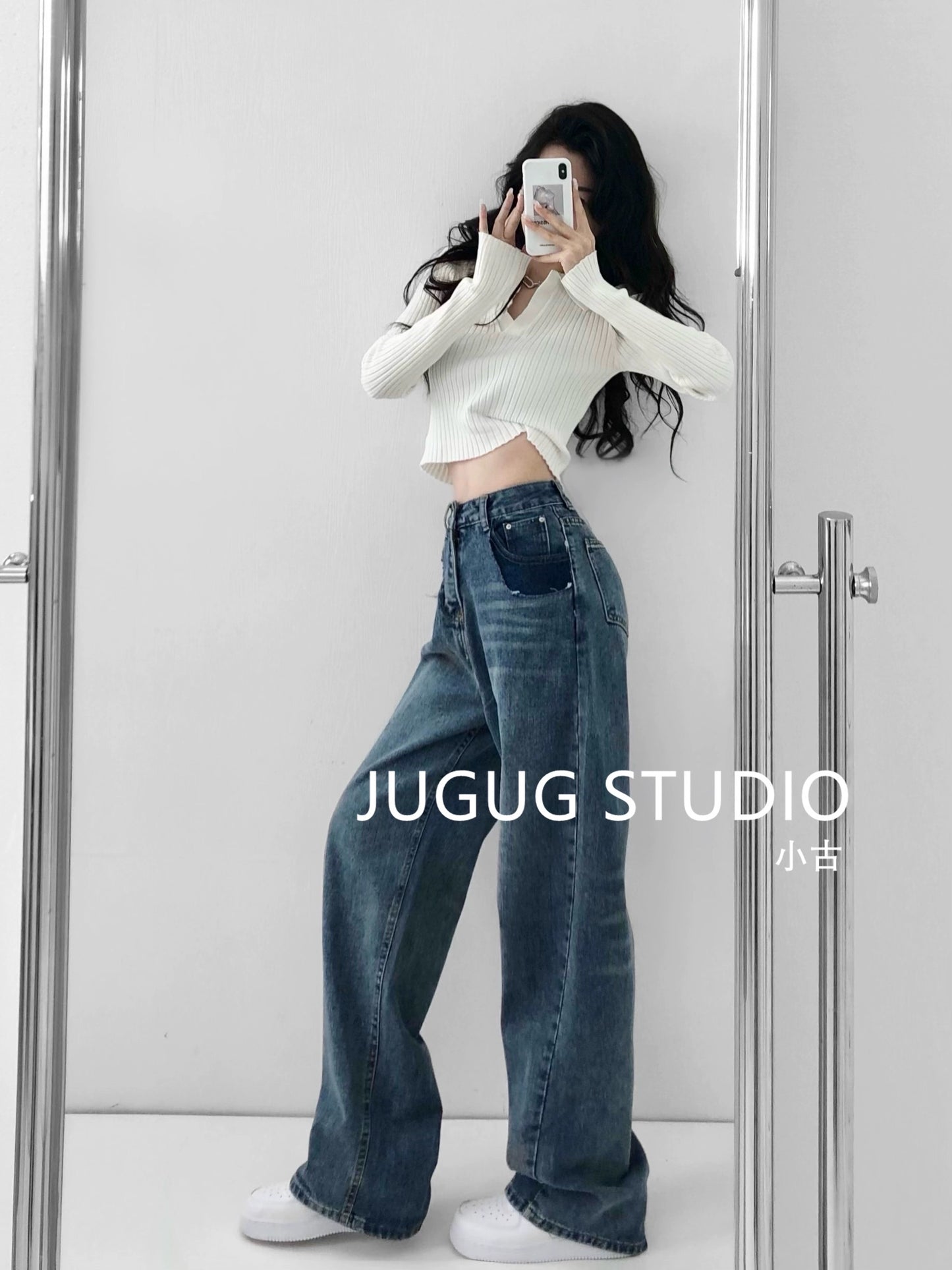 Hong Kong-style retro design high-waisted jeans women's spring and autumn look thin loose loose wide-leg straight-leg mopping trousers