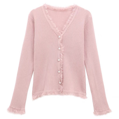 Korean style gentle style V-neck tassel pink knitted cardigan for women autumn 2023 new slim slim personalized top A2233