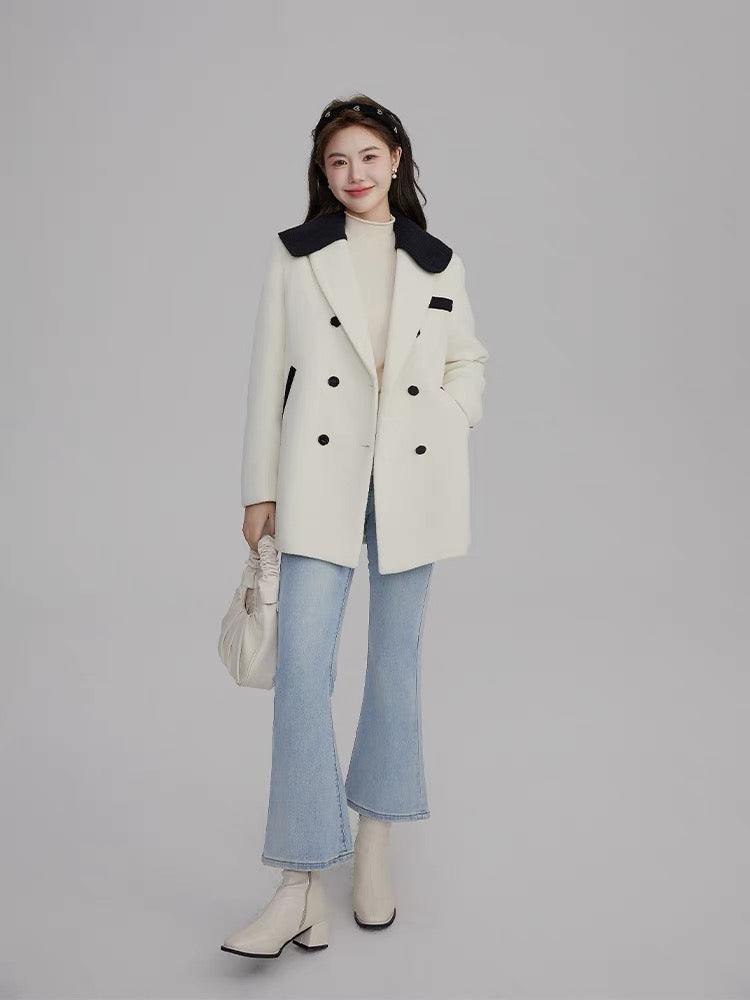 Volstagg white woolen coat for women autumn and winter contrast