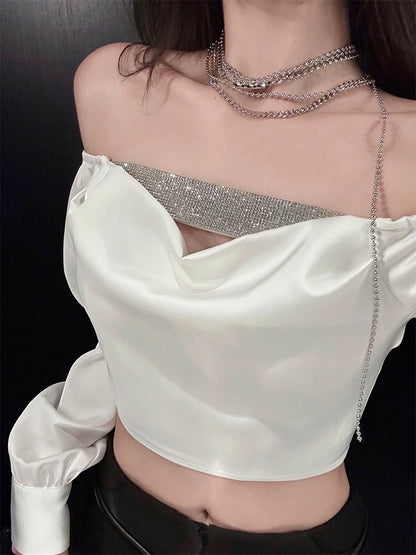 For Fay original high-quality white slim-fit swing collar one-shoulder diamond strap satin shirt long-sleeved shirt top