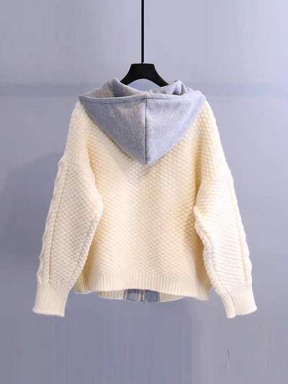 Color matching hooded twist sweater jacket women 2023 autumn new Korean version loose thickened lazy style knitted cardigan