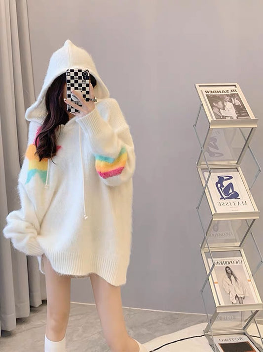 Gentle and windy mohair color-blocked hooded sweater for women in winter, warm, high-end, chic and age-reducing top ins T3453