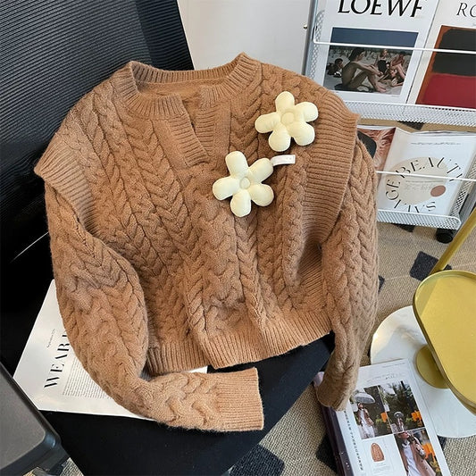 French salt top three-dimensional flower design short sweater women's fake two-piece loose long-sleeved knitted autumn new style