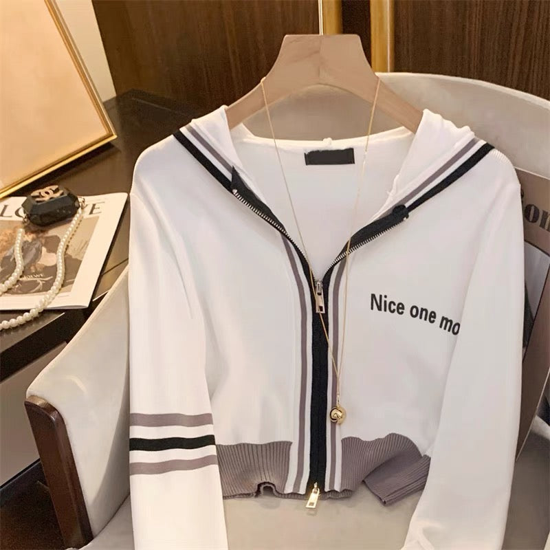 2023 Spring and Summer New American Fashion Printed Letters Double Zipper Cardigan Women's Fashionable Western Style Waisted Hooded Jacket V1125