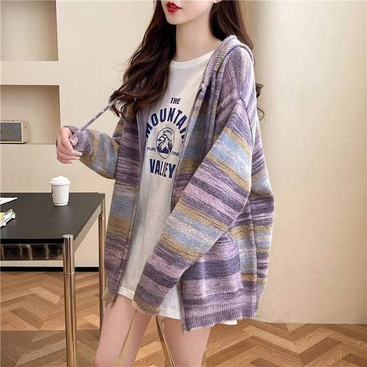 Fashionable design hooded sweater jacket for women 2023 new autumn versatile loose lazy style knitted cardigan (S0618)