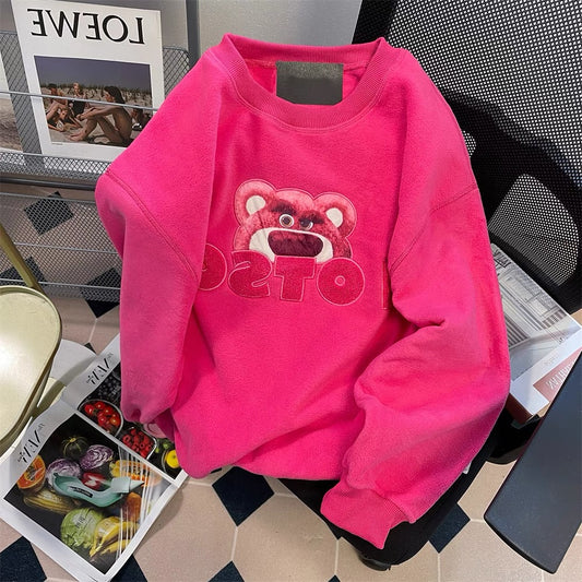 Dragon fruit color vintage cute strawberry bear sweater jacket men and women autumn and winter ins Hong Kong style Japanese vintage tops