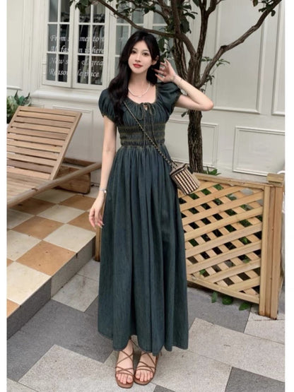 Retro wash water pleated tie puff sleeve denim dress women's summer