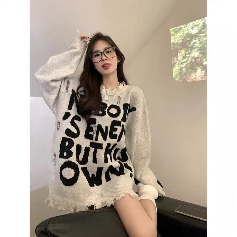 American retro frayed raw edge knitted sweater for women autumn and winter 2023 new letter printed loose mid-length top A2236