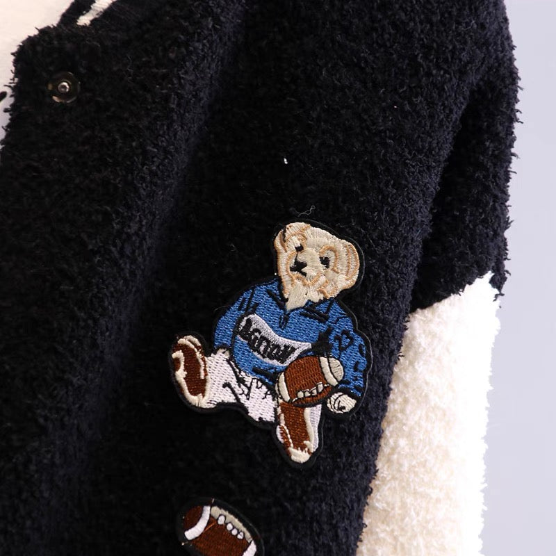 Cartoon sherpa color-blocked sweater jacket for women autumn and winter 2023 new baseball uniform loose outer wear knitted cardigan