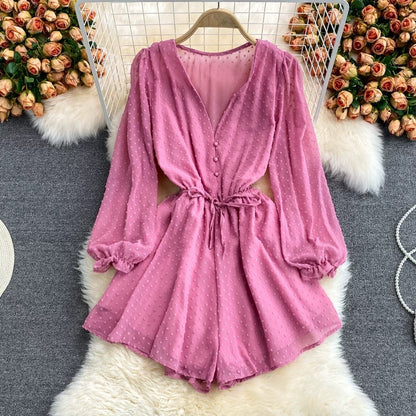 Summer new fashion loose v-neck single-breasted waist strap chiffon puff sleeve jumpsuit wide-leg shorts trend