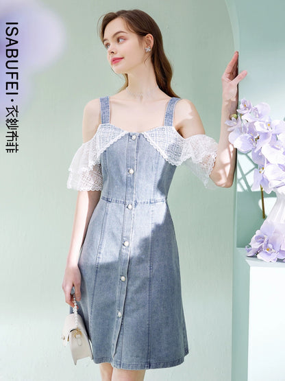 Lingmi one-shoulder suspender denim dress new summer women's double-layer lace sleeve design temperament skirt